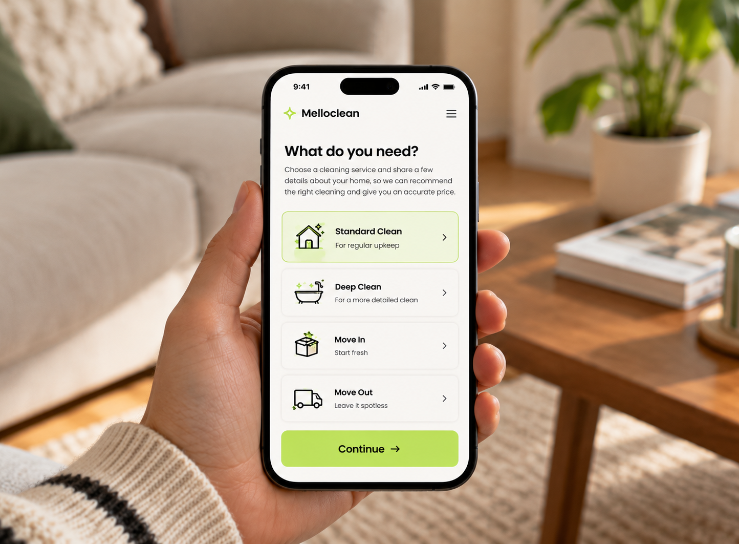 Melloclean service selection displayed on a phone in a living room